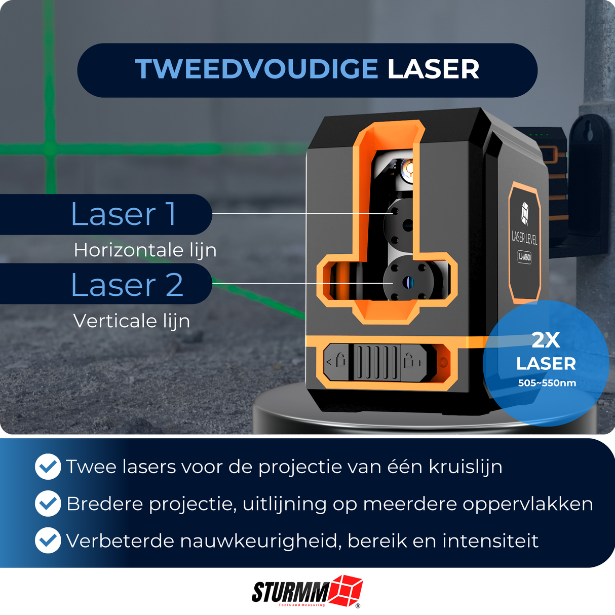 Kruislijnlaser LL-A1600 - Twee Verstelbare Llijnen - Groene Laser - 1000mAh Accu