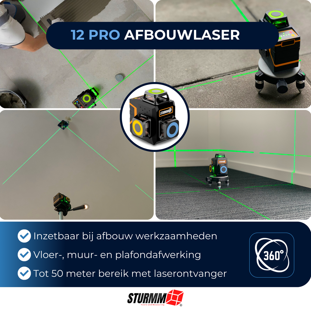 Kruislijnlaser LL-A4300 - 3 x 360° Lijnen - Groene Laser - 4000mAh Accu